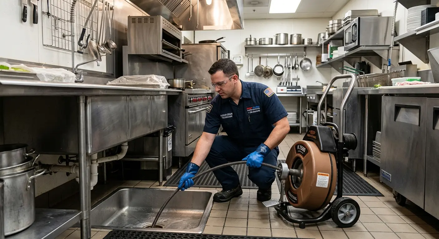 Commercial drain cleaning service in a restaurant kitchen in Iona