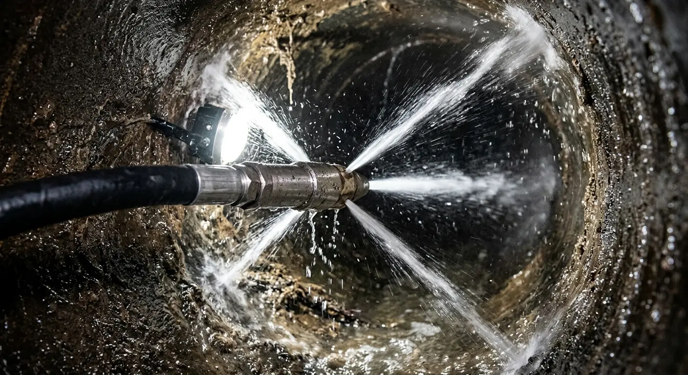 High-pressure hydro jetting nozzle cleaning sewer pipe for Trenchless Sewer Repair in Iona