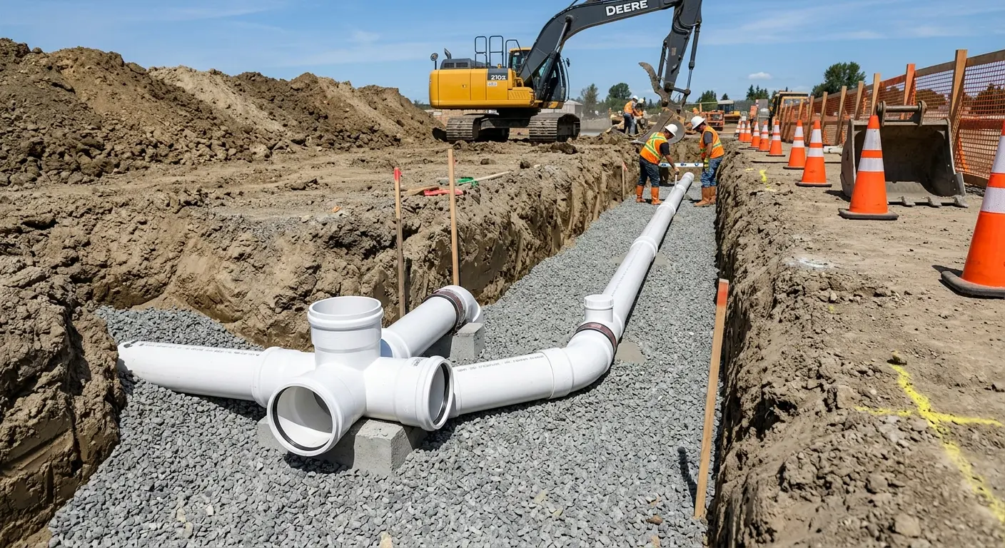 New PVC sewer pipe installation in open trench for Sewer Backup in Iona