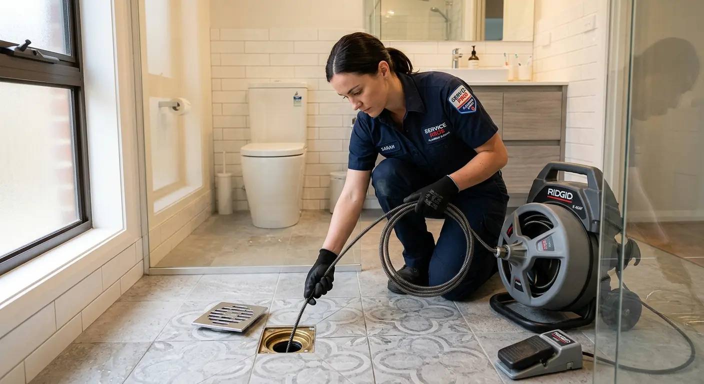 Technician clearing a bathroom floor drain for Drain Cleaning in Iona